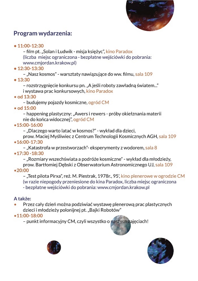 Kosmiczna sobota program wydarzenia